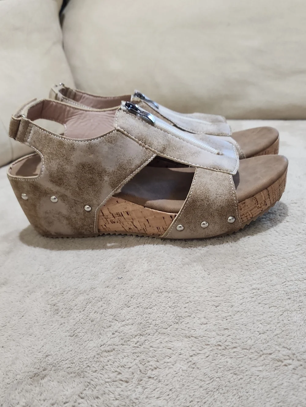 NWT.Taupe Studded Wedge Slide Sandals with Zip Detail - Women